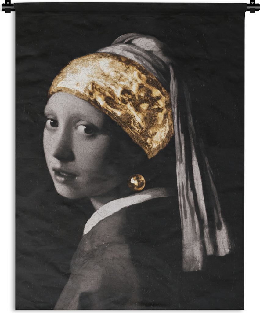 MuchoWow Wandteppich Wandbehang Mädchen mit einem Perlenohrring - Vermeer - Gold 150x200 cm Tapisserie Dekoration Wandtuch - Wandaufhängung - M...