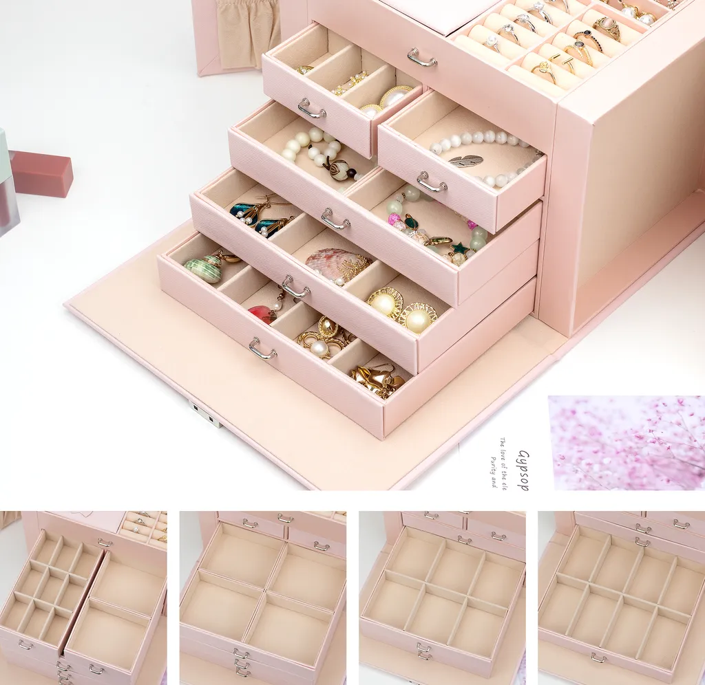 Boîte à Bijoux Verrouillable 5 Niveaux : Volume XL et Doublure Douce Rose - 6