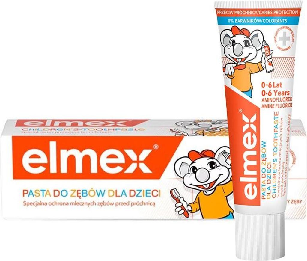 A product shot of Elmex children's toothpaste packaging, showing both the box and the tube.