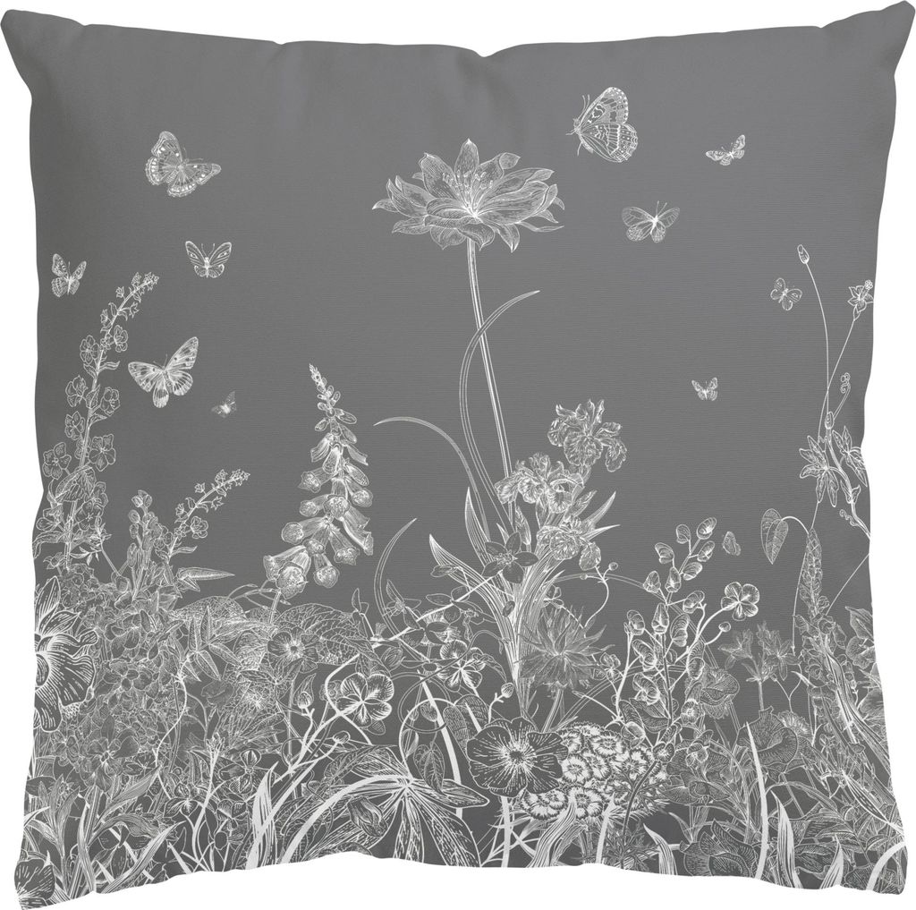 Dekokissen Blumen drinnen / Indoor Zierkissen Canvas waschbar Schmetterling grau Landhaus Sofakissen ohne Füllung