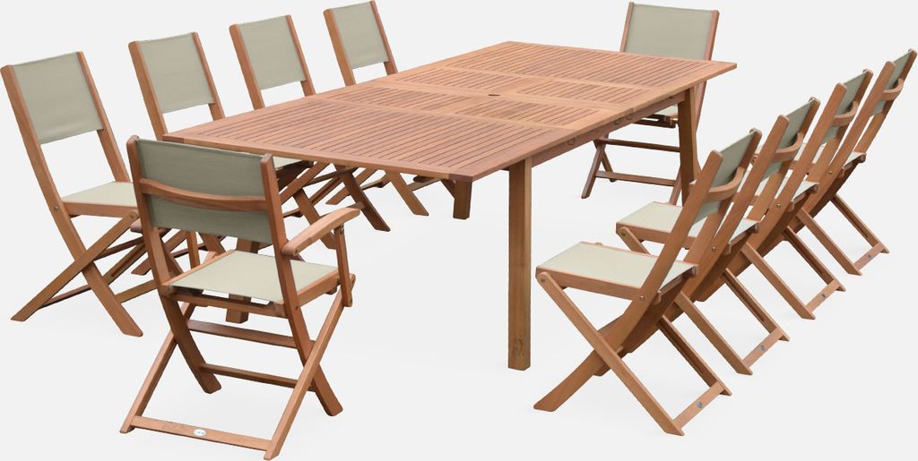 sweeek - Ausziehbarer Gartentisch aus Holz, 10 Stühle - Holzfarben