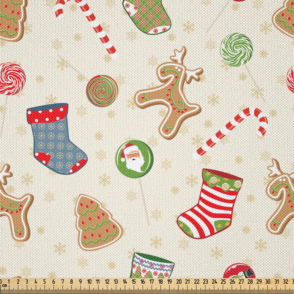 ABAKUHAUS Weihnachten Satin Stoff als Meterware, Traditionelle Süßigkeiten von Xmas Party Lebkuchen Plätzchen Lollipop Candies mit Socken, 2 M (...