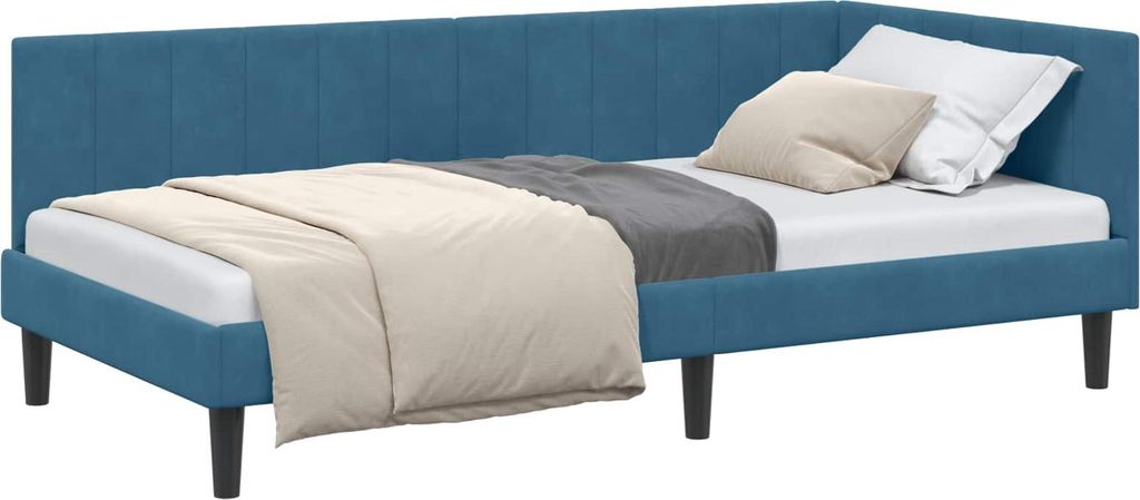 Eckbettgestell mit Kopfteil Blau 100 cm x 200 cm Samt