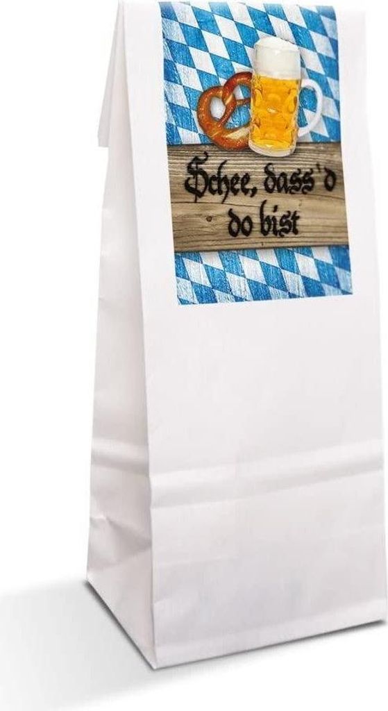Weiße Blockbodenbeutel mit Folieneinlage 7 x 4 x 20,5 cm – mit Banderolen „Danke“ & „Schön, dass du da bist“Bayerisch / 10 Stück