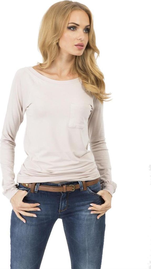 Damen Longshirt langarm T-Shirt mit Brusttasche ; Beige/L/XL 40/42