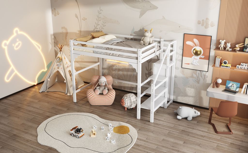 140x200cm Hochbett Weiß mit Stufentreppe, Kleiderschrank & Produktbild 6