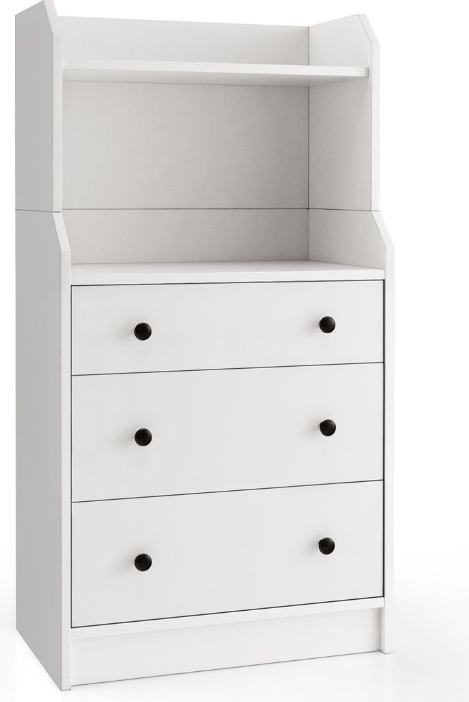 A white dresser with three drawers and a shelf above, shown against a white background.
