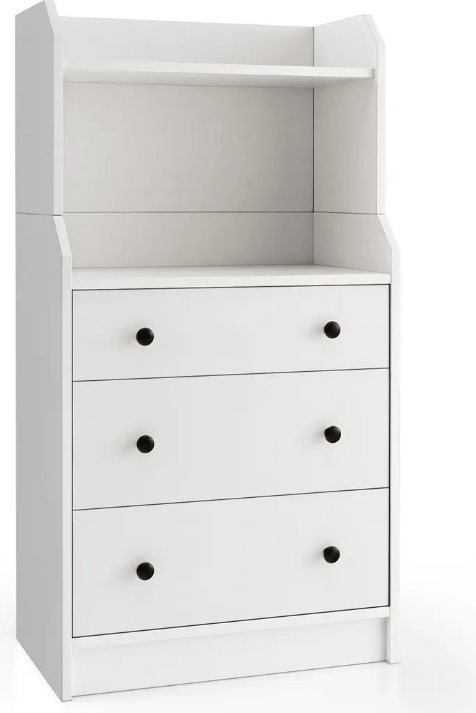Meuble de rangement blanc avec 3 tiroirs et étagères - Buffet bas bois