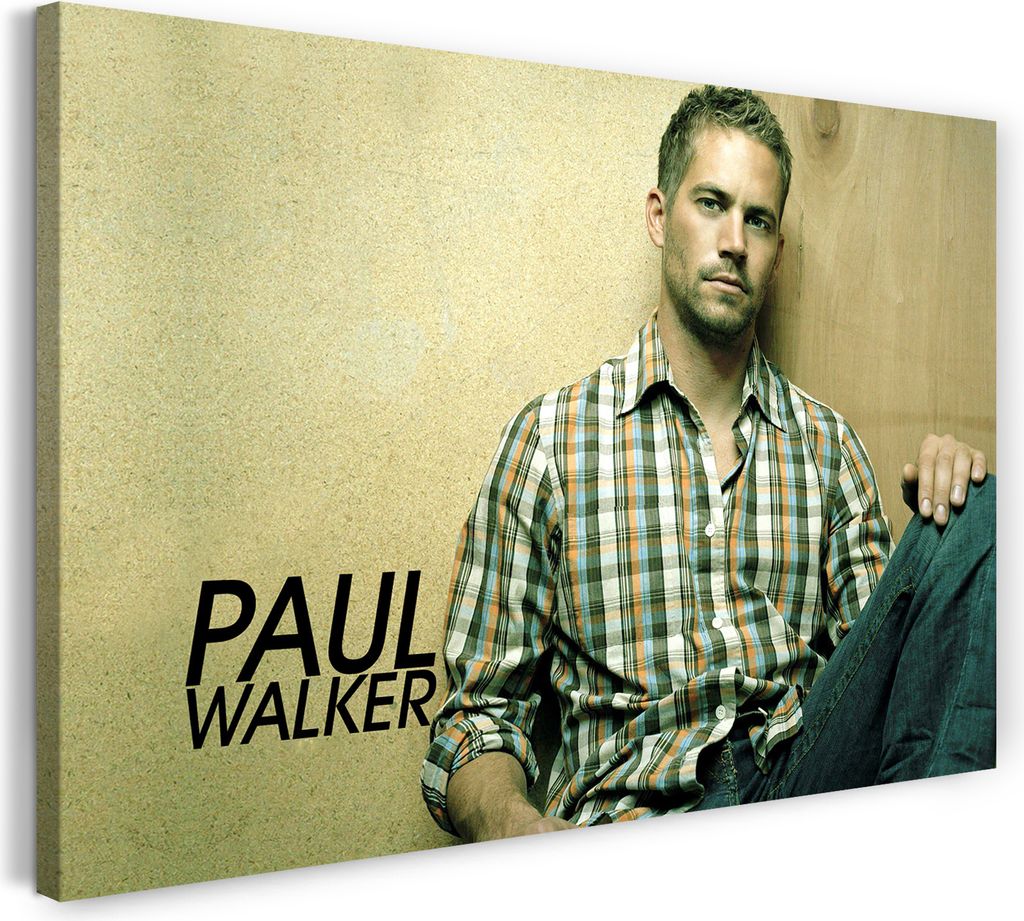 Leinwandbild (80x60cm): Paul Walker cooler Blick sitzend an gelber Wand, echter Holz-Keilrahmen inkl. Aufhänger, handgefertigt in Deutschland