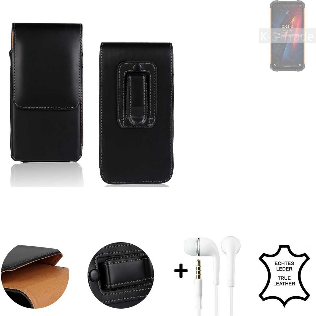 K-S-Trade Leder Gürteltasche + Kopfhörer kompatibel mit Ulefone Armor 8 Seitentasche Belt pouch Holster Handyhülle Schutz Hülle Etui schwarz 1x