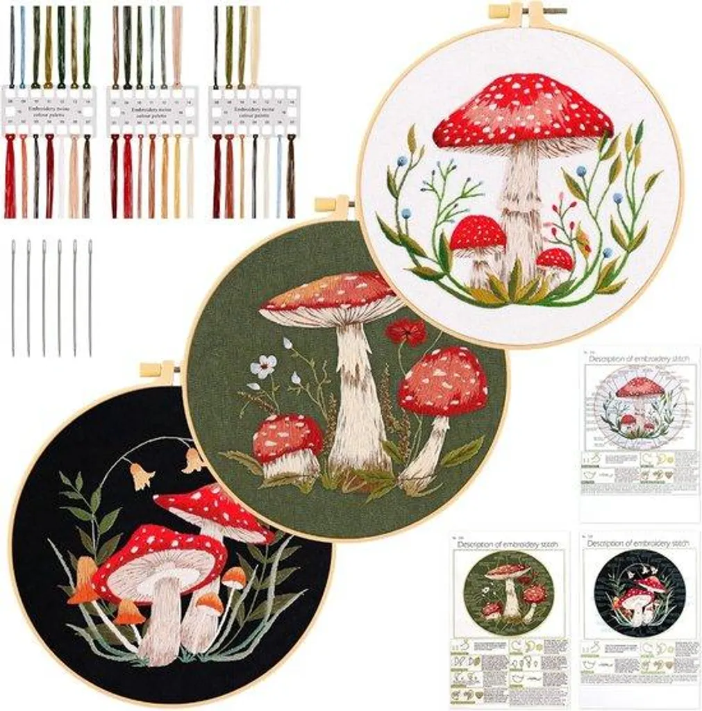 Kit broderie main débutant 3 sets créativité beige avec motifs pré-imprimés