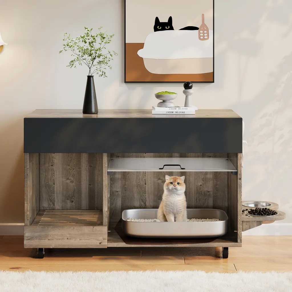 Sweiko Armoire à Litière Mobile 100x45,5 cm avec Plateau Repas Chat