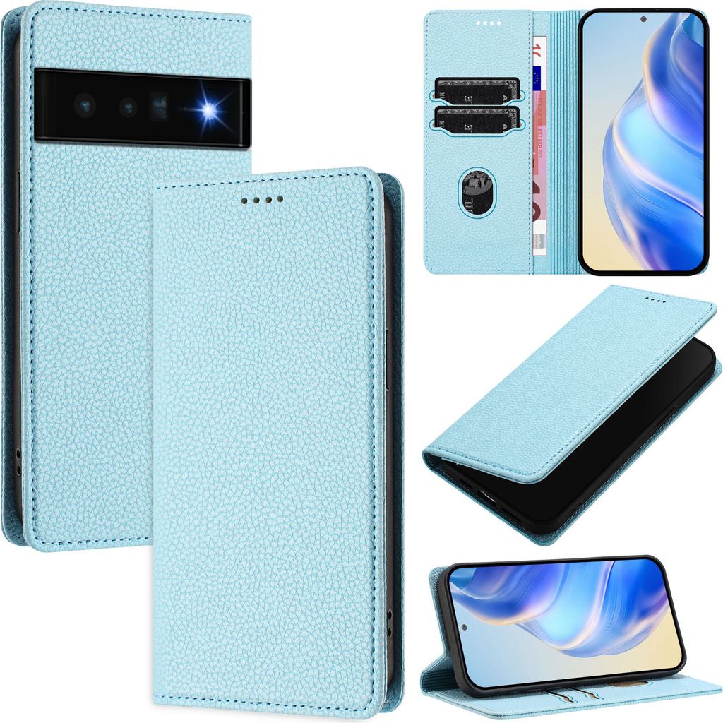 Litchi Leder Handyhülle für Google Pixel 6 Pro Wallet Kartenfächer Standfunktion Hülle Hellblau