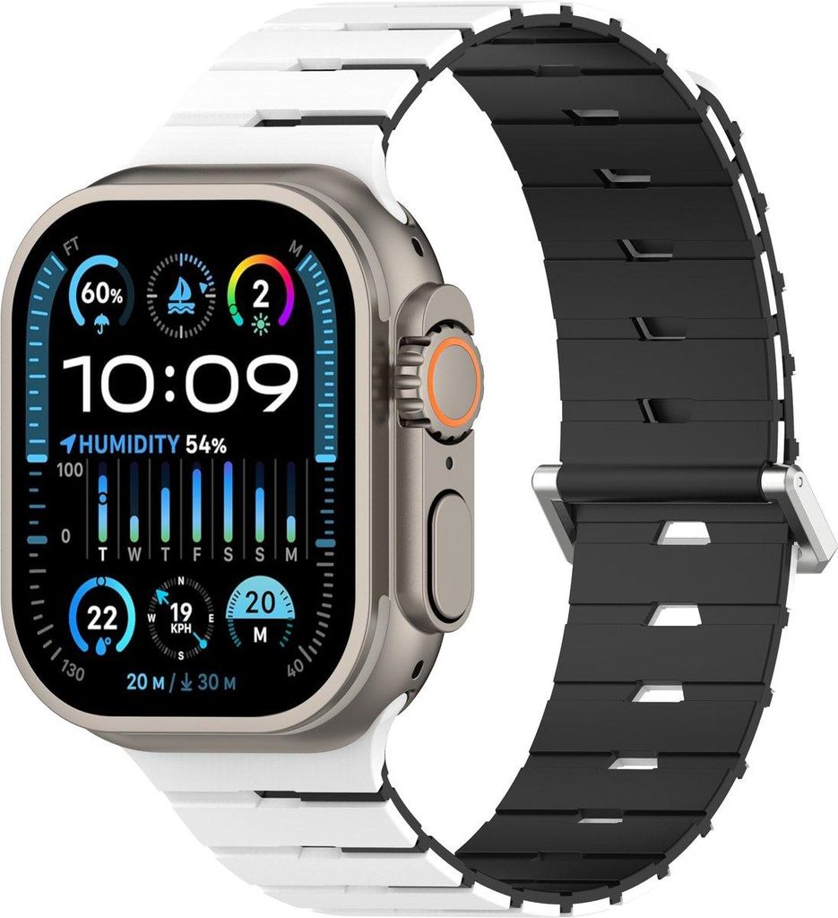 Stravo Silikonarmband im Klavier-Design mit Magnet – Für Apple Watch 42/44/45/46/49 mm (Serie 1–11 & Ultra) – Weiß/Schwarz