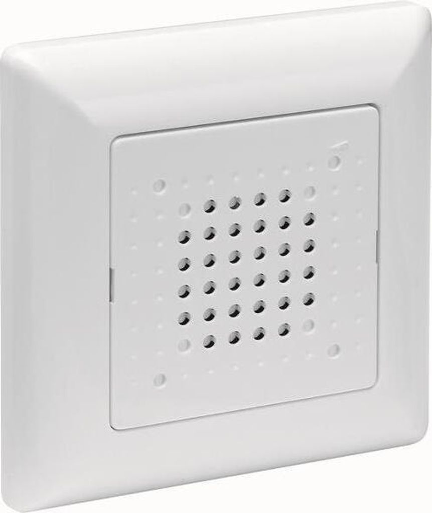 A white wall-mounted electrical component with a perforated grille.