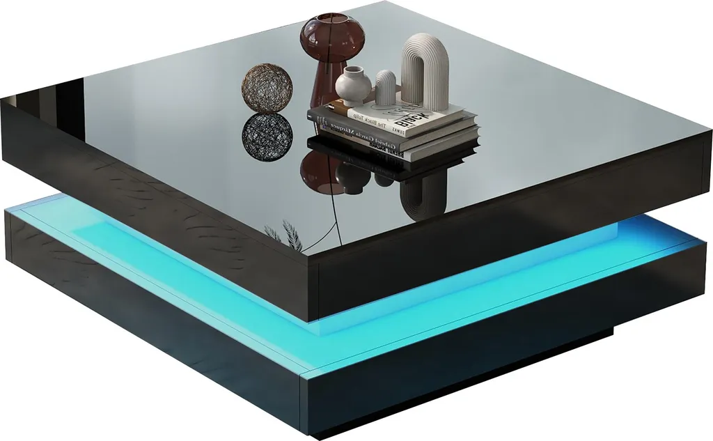 Table Basse Carrée Noir 70x70cm avec Éclairage LED Moderne - MODFU
