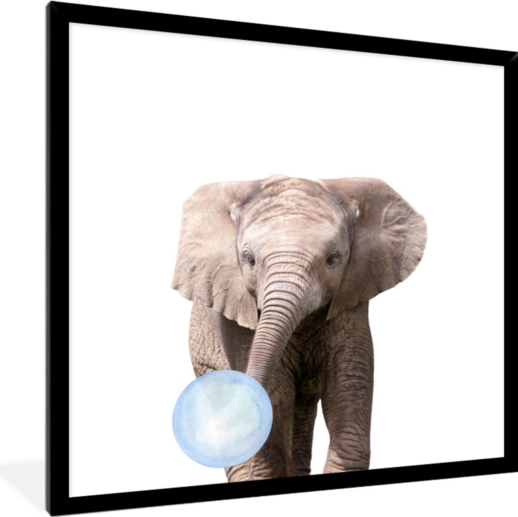 MuchoWow Gerahmtes Poster Elefant - Tiere - Blau - Kaugummi - Junge - Kind 40x40 cm - Poster mit Schwarzem Bilderrahmen Wandposter Rahmen Foto Bi...