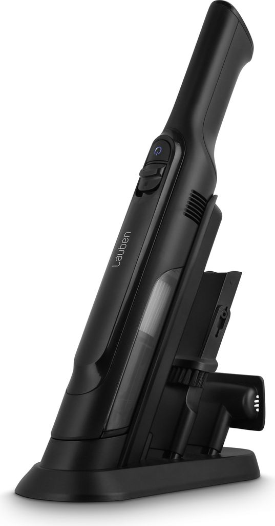 A black handheld vacuum cleaner with its charging dock and attachments, presented against a white background.