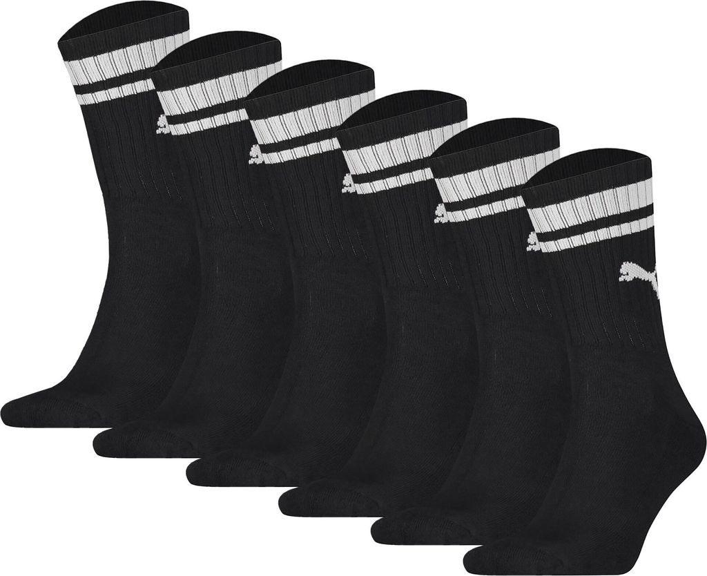 PUMA Uni Sport-Socken, 6er Pack - Crew Heritage, Tennis, Frottee-Sohle, Streifen Schwarz 39-42
