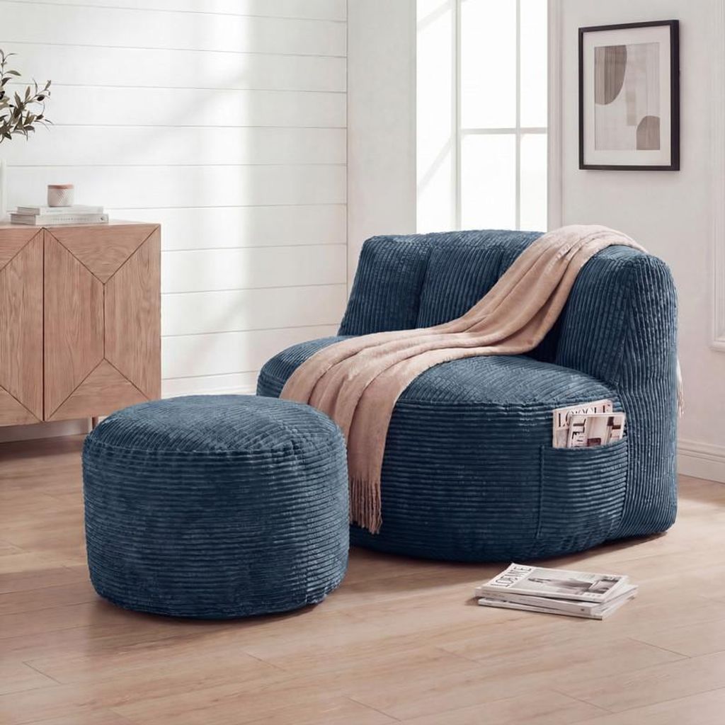 (Marineblau) Plüschiger Flanell-Loungesessel mit rundem Fußhocker, Bodensofa Set, bequemer Relaxsessel für Wohnzimmer & Schlafzimmer