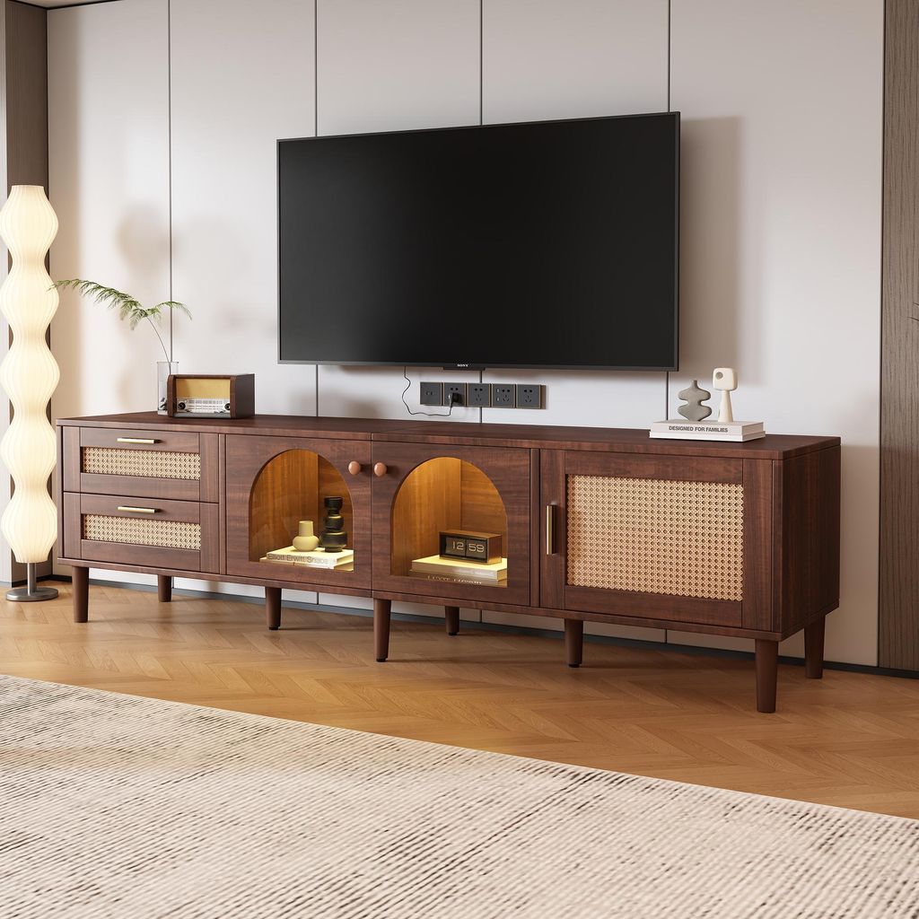 okwish Braun TV-Schrank mit 2 Rattan-Schubladen und LED, Produktbild 
