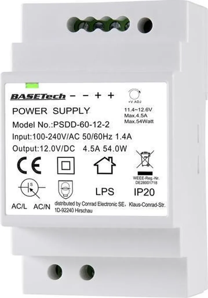 Bloc alimentation Rail DIN 12V à double sortie 54W Basetech PSDD-60-12-2