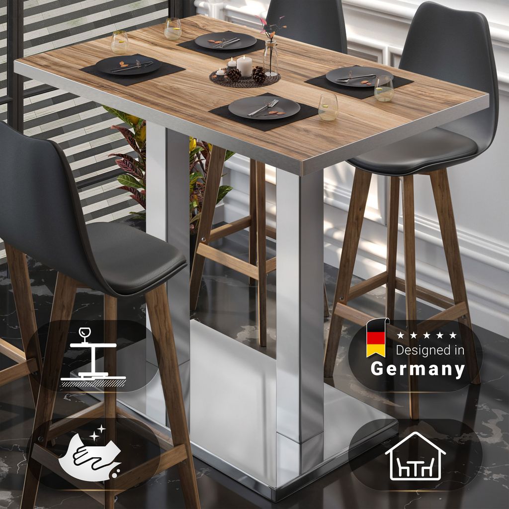 BM | Bistro Stehtisch | 110 x 60 x 108 cm | Rechteckig | Edelstahl Rand | Sheesham / Edelstahl | Gastro Steh Tisch Restaurant