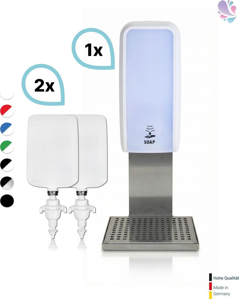 SET: Schaumseifenspender SENSOR Cosmos (berührungslos) +2x1L Schaumseife mild+ Edelstahlhalterung mit Auffangschale Wandmontage : Farbe - Weiß Fa...