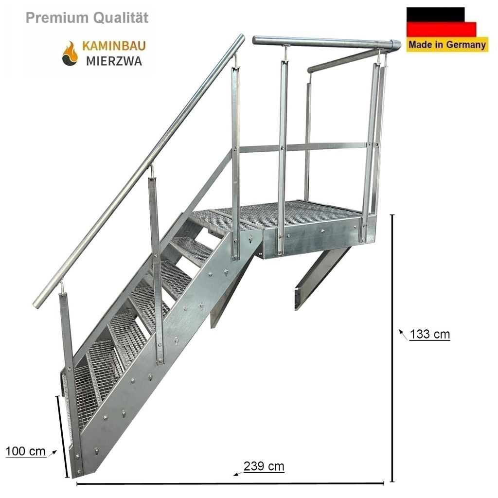 Podesttreppe Wangen- Stahltreppe 7 Stufen Höhe 133cm mit Podest 100x100cm mit Geländer Verzinkt Ausrichtung Treppe Links Aussentreppe