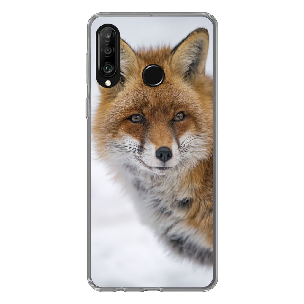 MuchoWow Handyhülle Schutzhülle Hülle für Huawei P30 Lite Fuchs - Porträt - Schnee Silikon Softcase Handy Hülle - Handyhülle