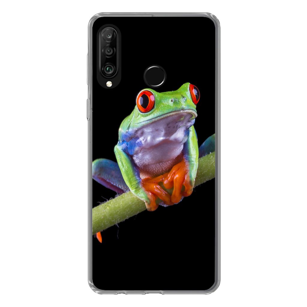 MuchoWow Handyhülle Schutzhülle Hülle für Huawei P30 Lite Frosch - Pflanze - Schwarz Silikon Softcase Handy Hülle - Handyhülle