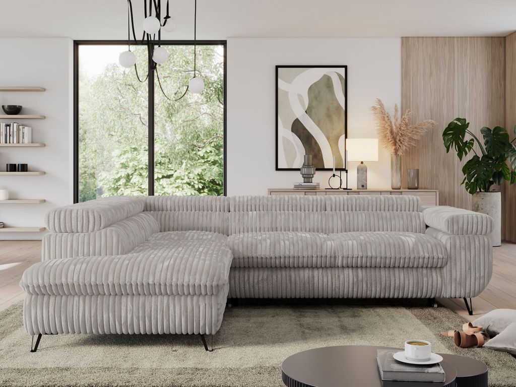 Sofa L form mit Bettkasten Modern Wohnzimmer Ecksofa Couchgarnitur Schlaffunktion PEDRO L Cord Hellgrau Links