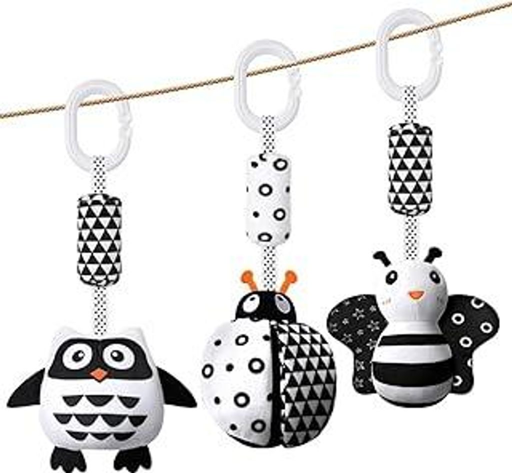 Kinderwagen Spielzeug, 3Pcs hängendes Rasselspielzeug, schwarz-weißes Spielzeug, Baby-Hängespielzeug, Neugeborenes Autositz-Spielzeug für Junge...
