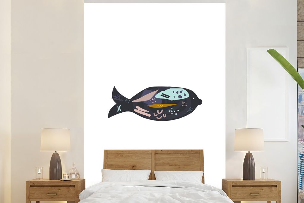 MuchoWow Fototapete für Wohnzimmer oder Schlafzimmer Wandtapete Vinyl Motivtapete Fisch - Pastell - Schwarz - 180x280 cm - Wallpaper
