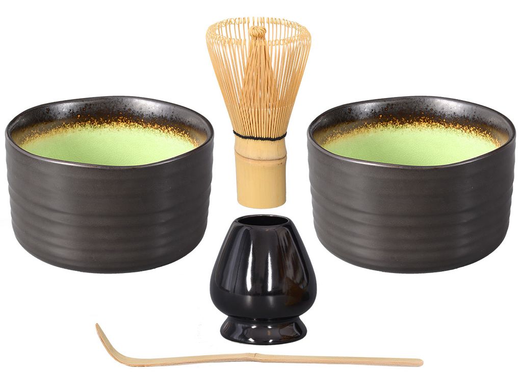 Matcha Set / Matchaset / 2x Matcha Schale 500ml, anthrazit/grün, mit Besen/Löffel und Halter