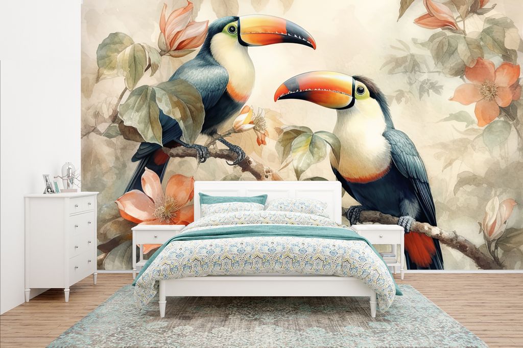 MuchoWow Fototapete für Wohnzimmer oder Schlafzimmer Wandtapete Vinyl Motivtapete Tukan - Vögel - Blumen - Zweig - 400x240 cm - Gemustert