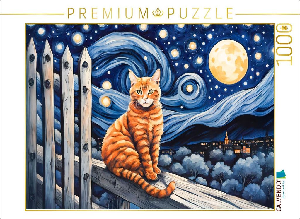 CALVENDO Puzzle Aquarell Katze unterm Nachthimmel | 1000 Produktbild 