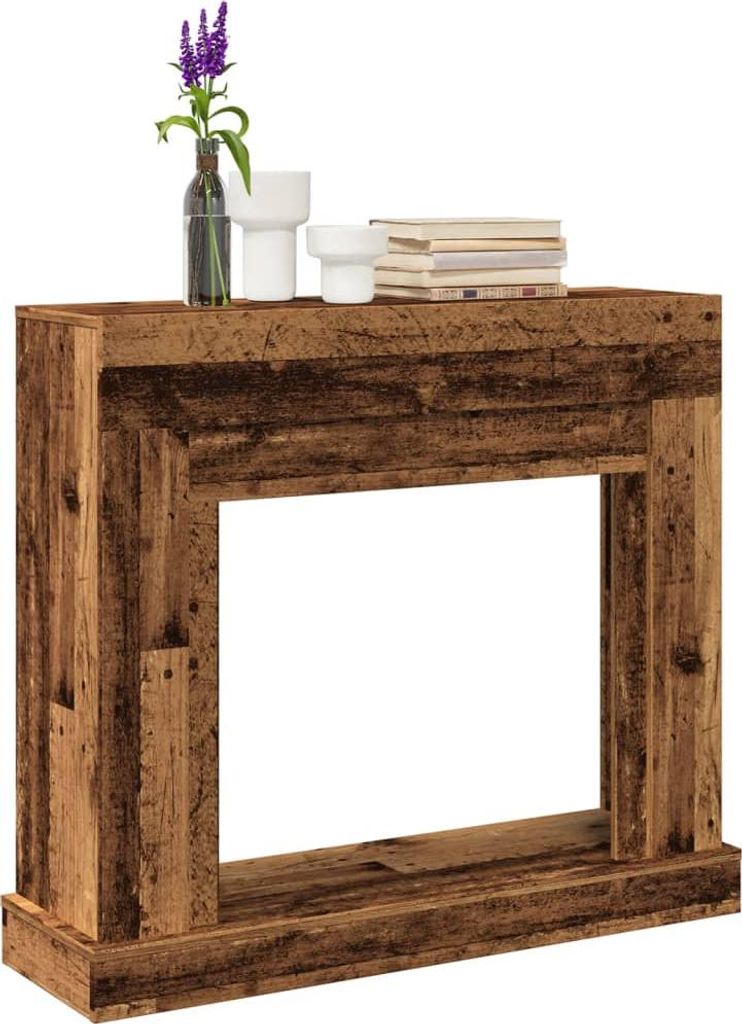A wooden fireplace surround on a white background.
