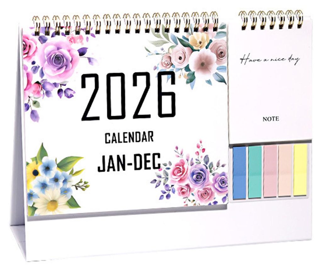 Tischkalender 2026, klein, aufklappbar, Januar 2026 – Dezember 2026, 12 Monate, mit Haftnotiz- und Notizseiten für Zuhause, Schule und Büro