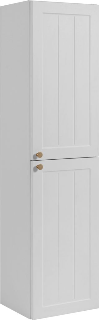 A tall, white cabinet with two doors and two knobs.