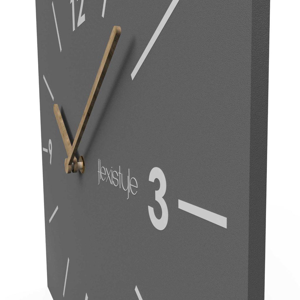 A close-up view of a modern square wall clock with wooden hands.