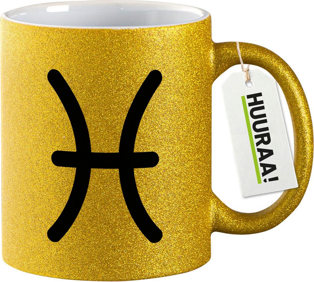 Huuraa Glitzertasse Fische Sternzeichen Zeichen 330ml Gold Keramik Kaffeebecher Geschenkidee