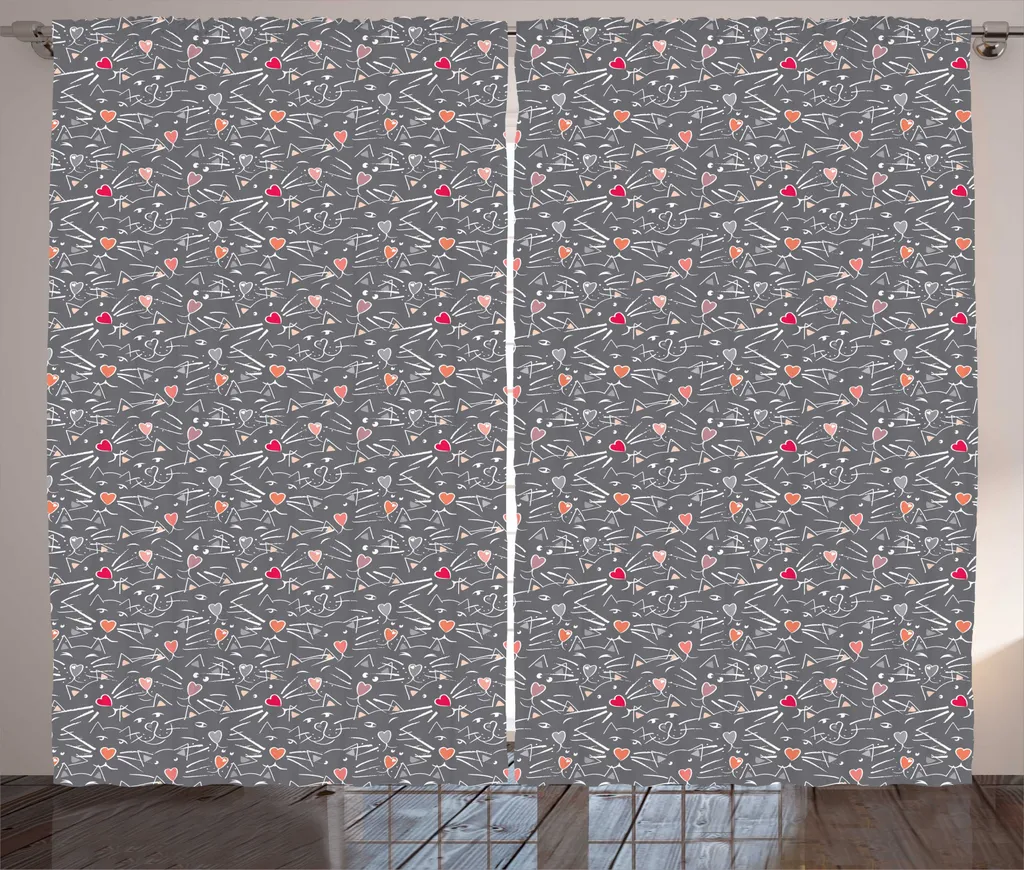 Rideau Motif Chats Cœur en Tissu Gris et Corail, Largeur 280cm Universel