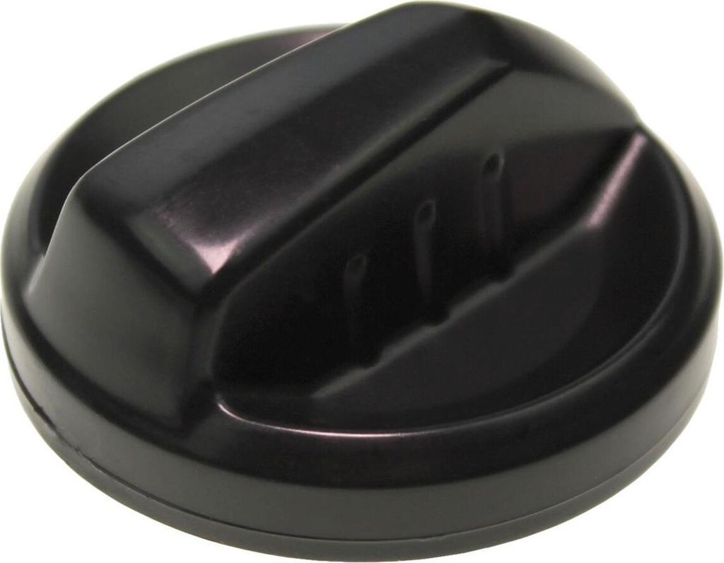 A black plastic cap with a handle on a white background.