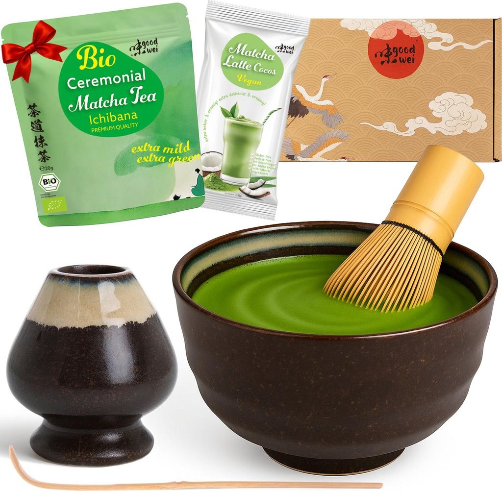 Matcha Teezeremonie Set "Kumo" mit Schale, Besen, Besenhalter & Matchapulver + Cocos – japanisches Komplettset für Einsteiger