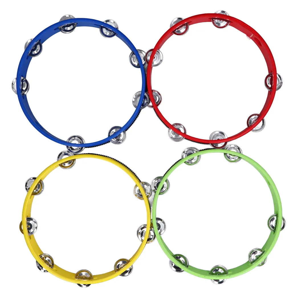 Lot de 4 tambourins en bois avec grelots métalliques pour percussion
