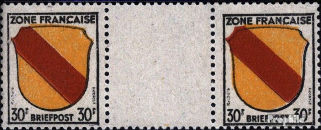 Briefmarken Franz. Zone-Gem. Ausg. 1945 Mi 10ZW Zwischenstegpaar postfrisch Wappen
