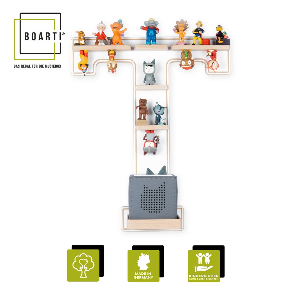 BOARTI Kinderregal Buchstabe T | hängend für Toniebox und Tonie Figuren | platzsparendes Regal | H. 54 x B. 45 x T. 19 | Wandregal Musikbox und F...