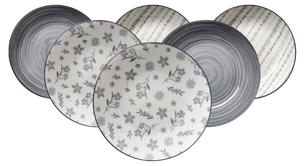 Sendai Mix Suppenteller-Set 6-teilig – 20 cm – Boho-Geschirr in Grau – Tiefe Teller mit modernem Dekor – Porzellan, spülmaschinengeeignet