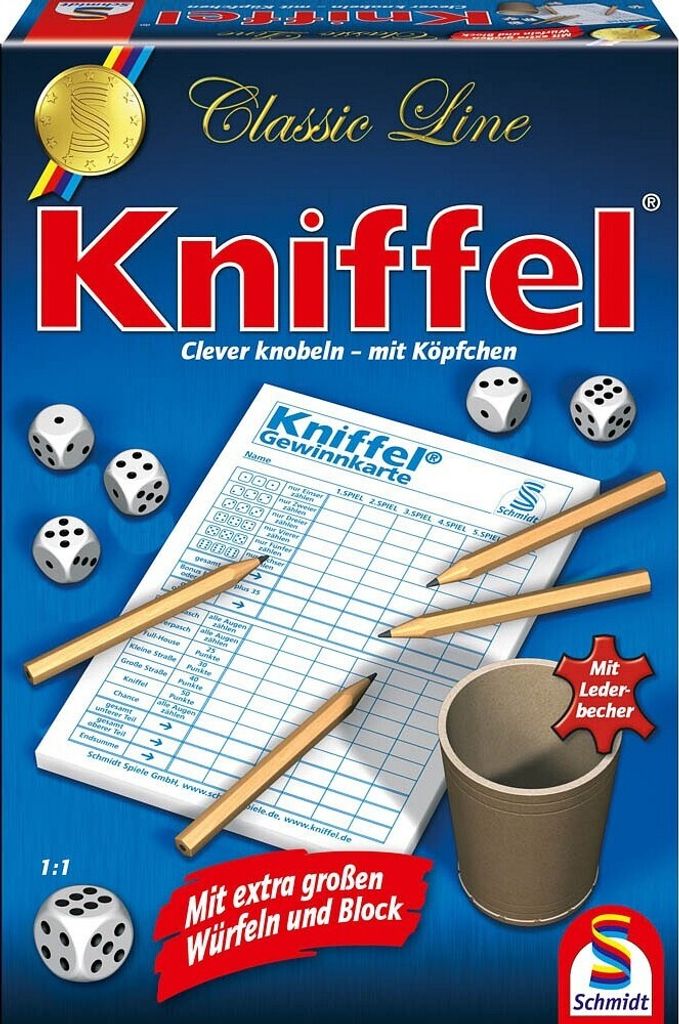 The image shows the packaging of the board game Kniffel, along with some of its components like dice, pencils, and a score sheet.